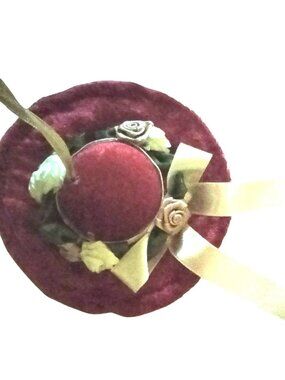 Red Hat Ornament Velvet Satin Ribbon Floral  Miniature 4 inch